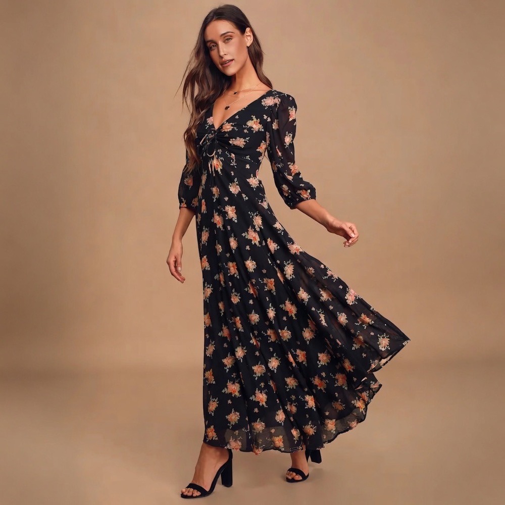 Free People Sea Glass Black Floral Boho Maxi Dress Womens Size 10